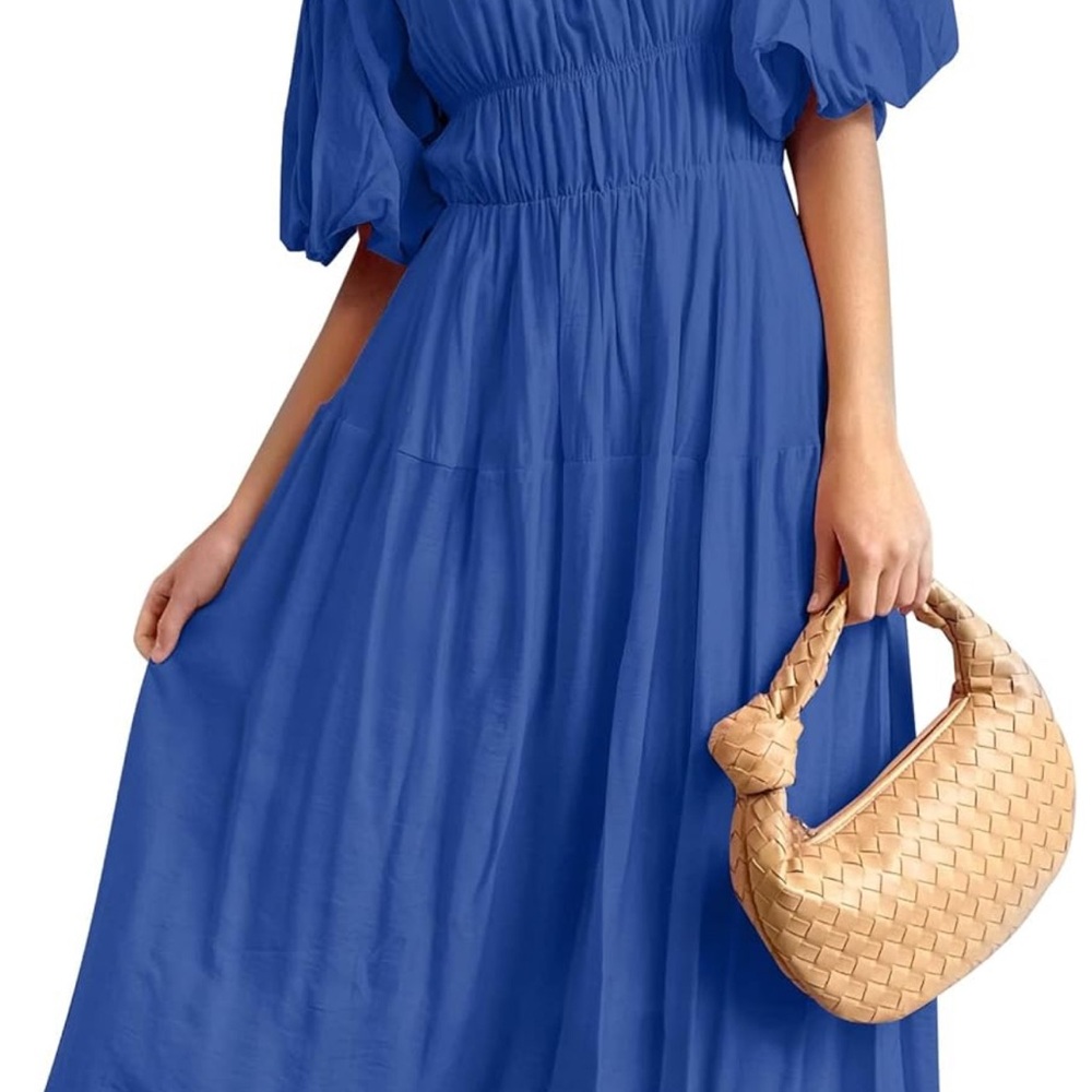 Chic Blue Midi Dress with Puff Sleeves